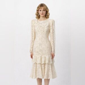 vintage 80s LACE DROP WAIST DRESS long sleeve party evening formal ivory S